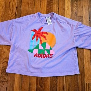 ADIDAS x FARM RIO Purple Cropped T-Shirt Palm Tree Tee XL